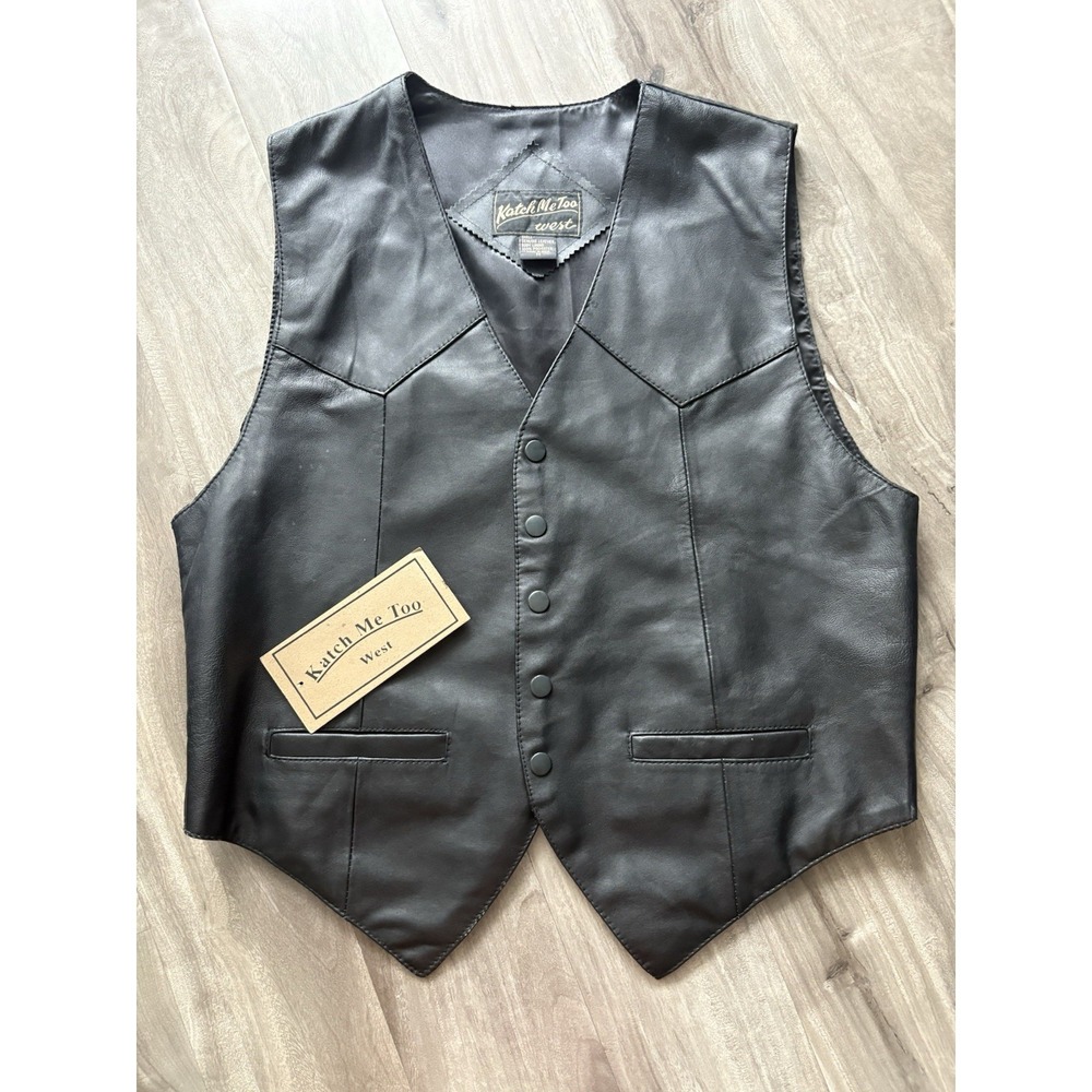 Vintage‎ Deadstock Katch Me Too West Leather Vest Men Black Snap Button Medium
